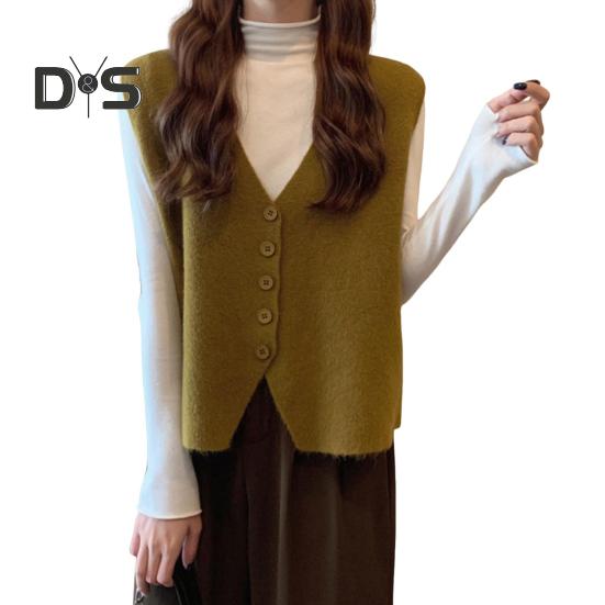 Jesień Zima Damska Kamizelka Dekolt w Serek Zapinana Na Guziki Jednolity Kolor Luźna Dzianina Gruba Utrzymuje Ciepło Bez Rękawów Luźny Sweter Top