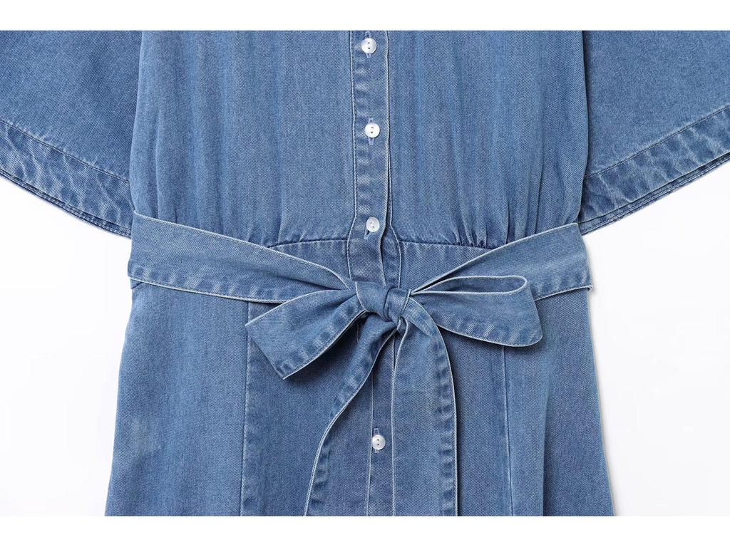 Spring 2025 Retro Lapel Slim-Fit Denim Dress with Belt - European & American Style Women's Short-Sleeve