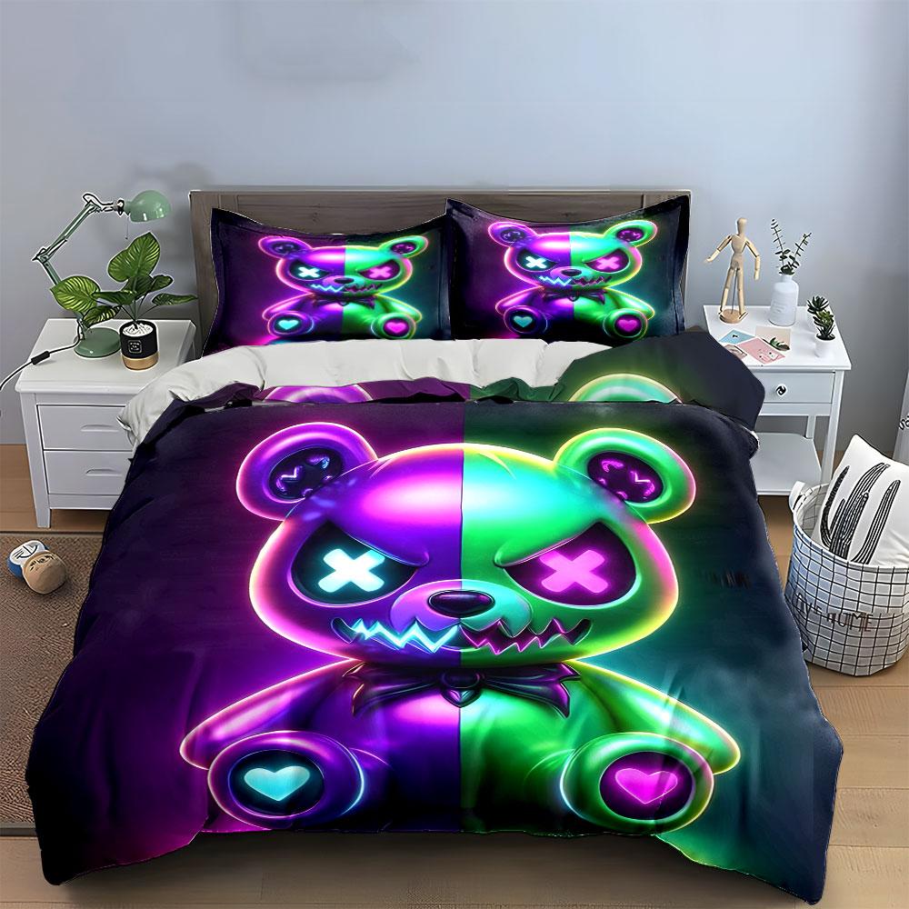 Neon Evil Teddy Bear Design Bedding Duvet Cover Set (1*Duvet Cover 2*Pillowcases, without duvet insert)