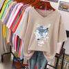 Short-sleeved T-shirt, Loose-fitting, Slimming Printed V-neck Top for Women