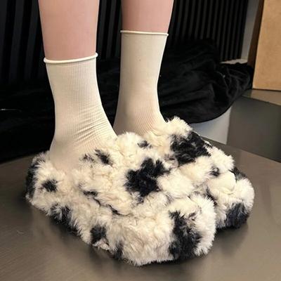 Fashion Milk Cow Fluffy Furry Slippers Women House Shoes Winter Plush Fur Flip Flops Thick Sole Indoor Home Slides Shoes