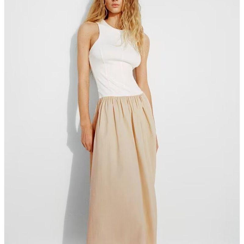 Spring New Arrival French Style Design Niche Style Round Neck Sleeveless A- Line Skirt Mid-Length Patchwork Dress 0085310