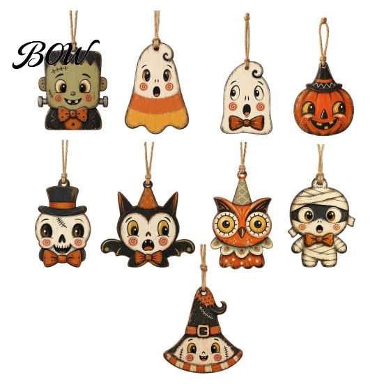 Mummy And Owl Hanging Ornaments Halloween Wooden Decor, Ghost Black Cat Pumpkin Ornament, Rustic Vintage Decorative Pendants Wall Decor Gift Tags for