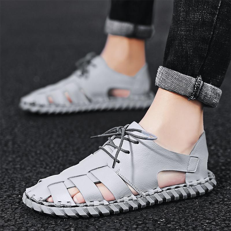 Casual Fashion Men Shoes Slip-On Leather Soft Non-slip Beach Summer Double Buckle Sandals Slippers Flats Flip Flop Walking Shoes