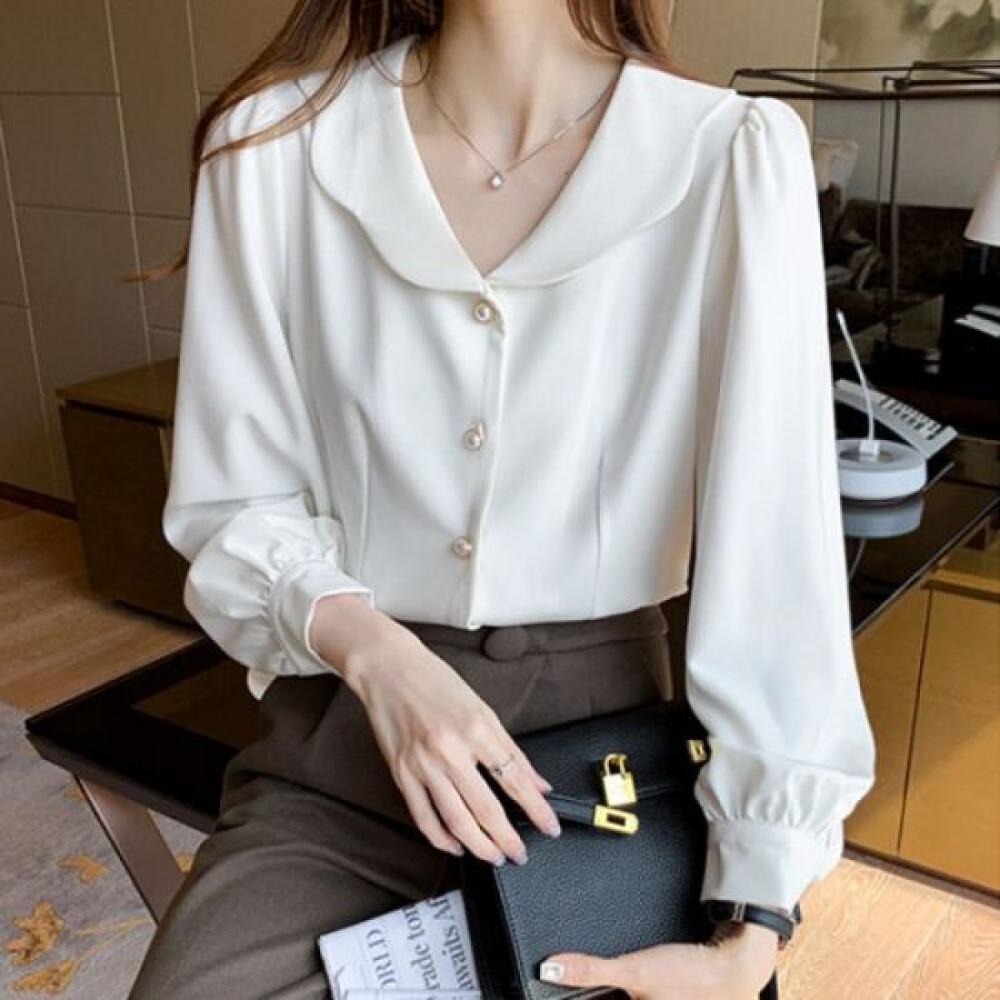 NaVaVa Women S Vintage Pearl Button V Neck Collar Long SleeVe blouSe Nb2857