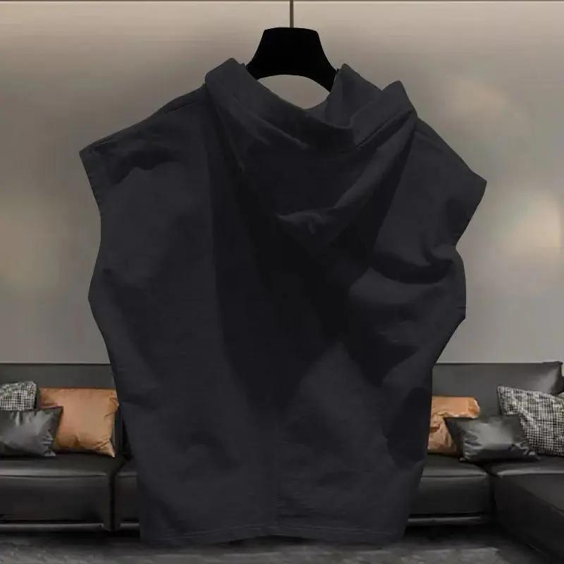 Men's Summer Hooded Sleeveless T-shirt Solid Color Loose Vest Tops Street Casual Men Clothing