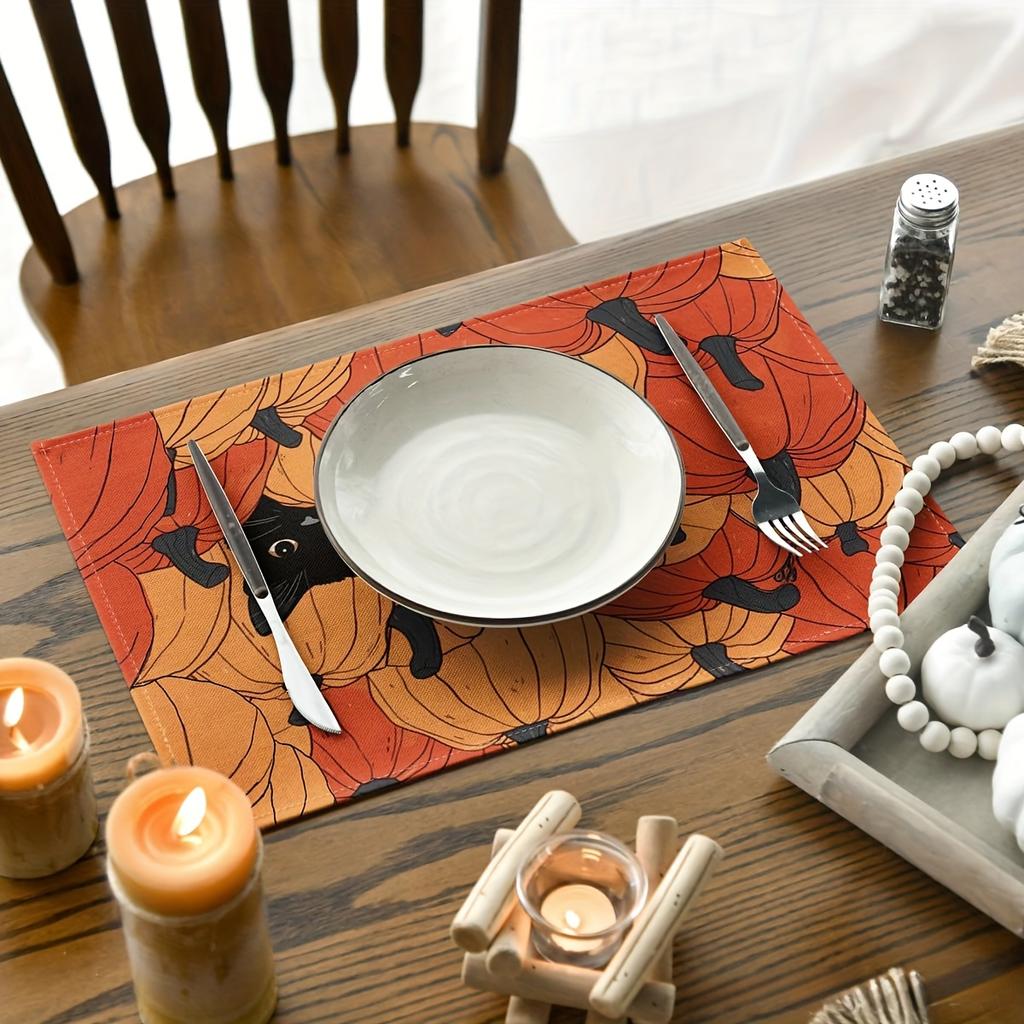 4/6pcs Set Black Cat In Pumpkin Patch Placemats, Seasonal Holiday Decor Suitable for Home Kitchen Dining Indoor Outdoor Use