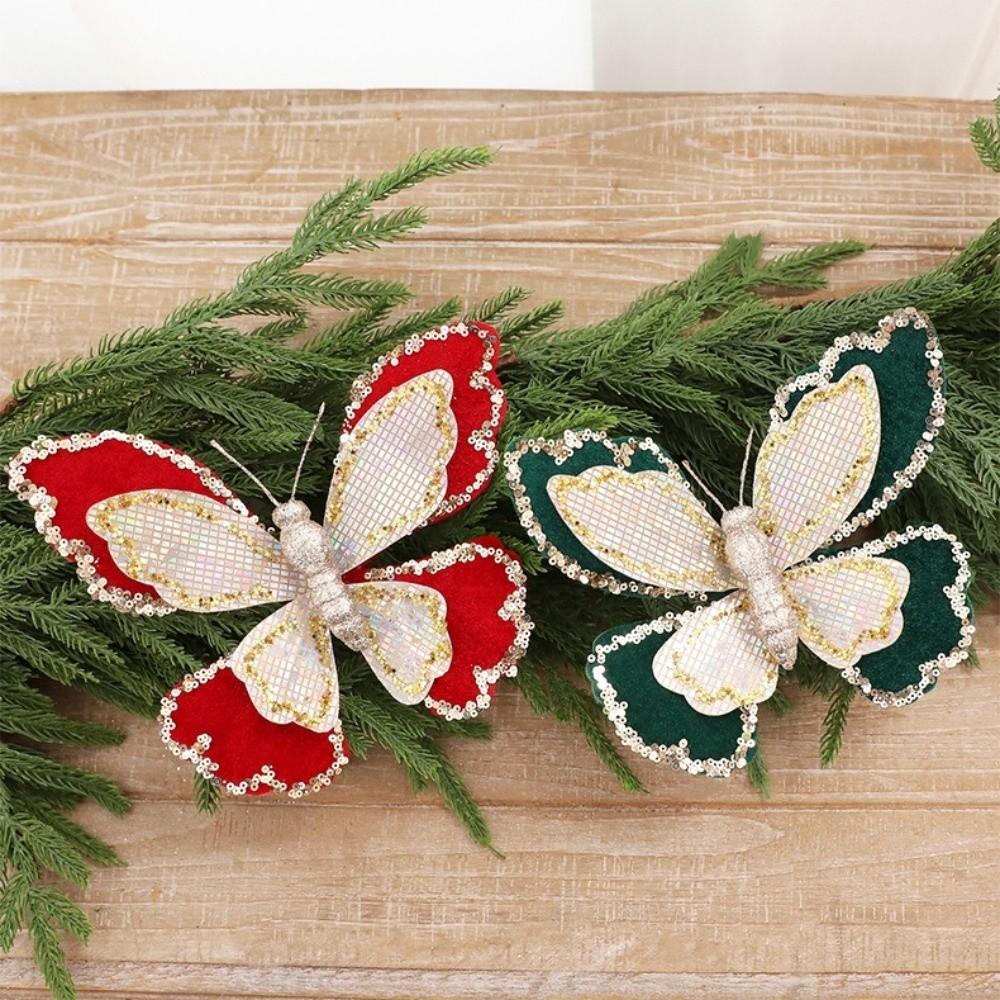 Double-Layered Christmas Butterflies Ornaments 3D Glitter Hand-Painted DIY Butterfly Hanging Decor Flocking Finish Multicolor