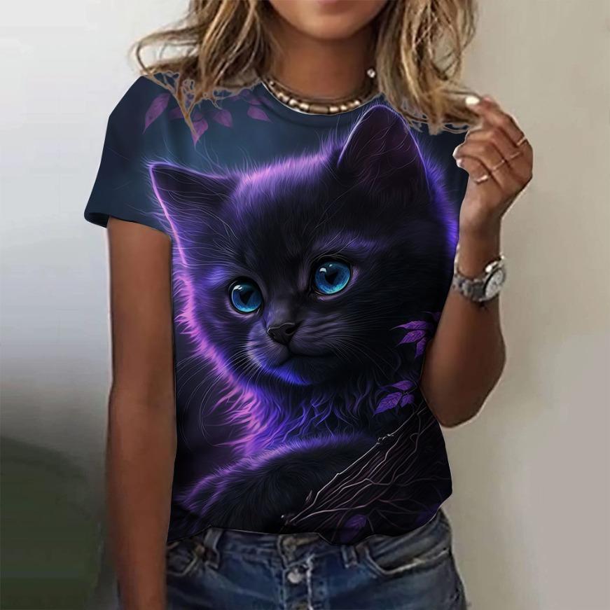 Summer Round Neck 3D Cat Print Top Fashionable Casual Short Sleeved Women's T-shirts