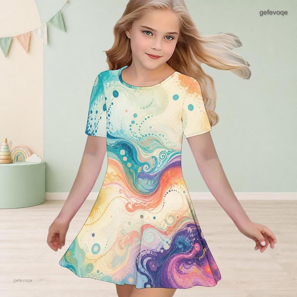 Girls Round Neck Short Sleeve Colorful Swirl Printed A Line Flared Dress