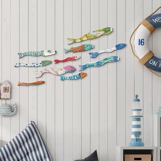 10 Stück Küsten-Holzfisch-Wanddekoration Handgefertigte Nautische Kunst für Strand-Seehaus Rustikale Ausschnitte für Innen-Außen-Ausstellung Meeres-Partydekorationen