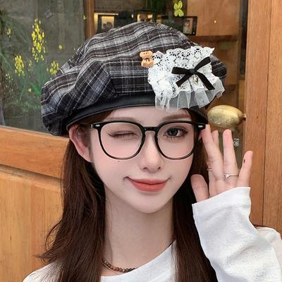Korean Sweet and Cute Plaid Beret Autumn and Winter Versatile Lace Bow Octagonal Hat Retro Casual Painter Hat