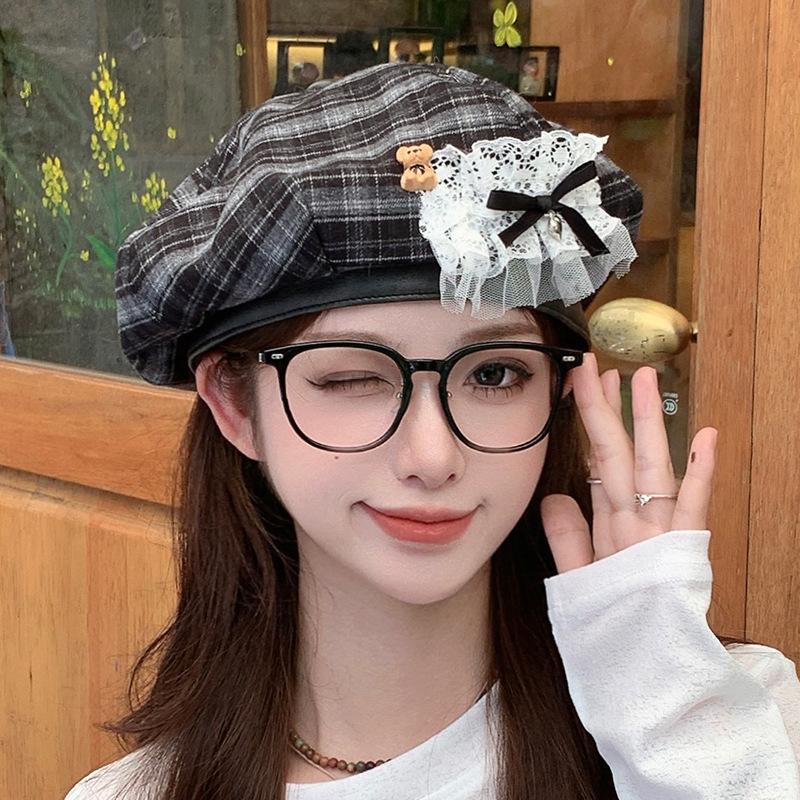 Autumn retro plaid beret bear bow octagonal hat showing face little painter hat woman
