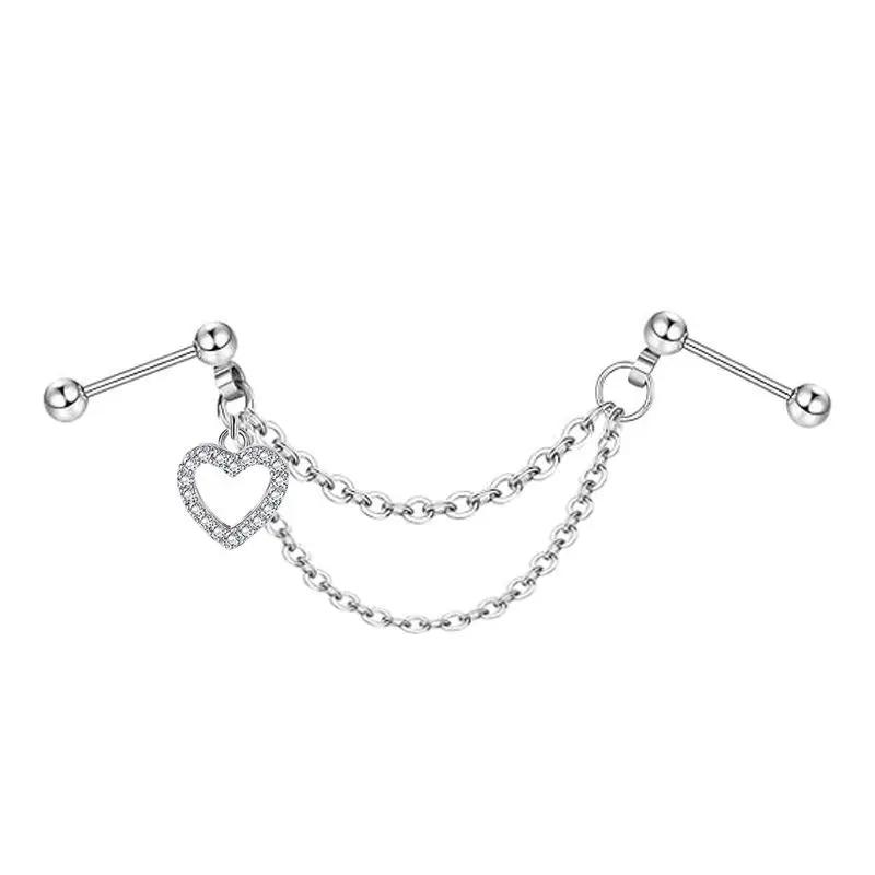 Screw Ball Fashion Piercing Earrings Stainless Steel L Chain Zircon Moon Heart-shaped Earbone Stud