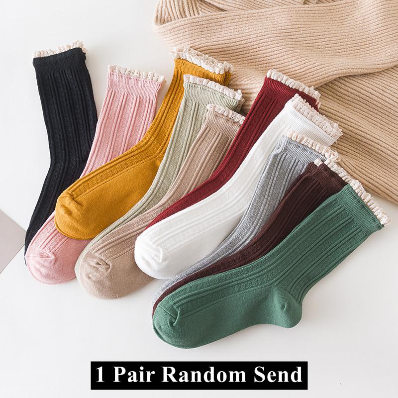 Lacework Ruffles Socks Solid Cotton Breathable Harajuku Vintage Streetwear Crew Sock Japanese Kawaii Cute Women's Socks