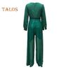Women's Sequins Jumpsuits Long Sleeve V-Neck Shirt Sparkly Belted Wide Leg Romper Evening Party Overall Pants