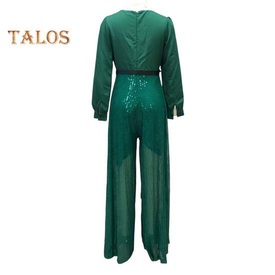 Women's Sequins Jumpsuits Long Sleeve V-Neck Shirt Sparkly Belted Wide Leg Romper Evening Party Overall Pants
