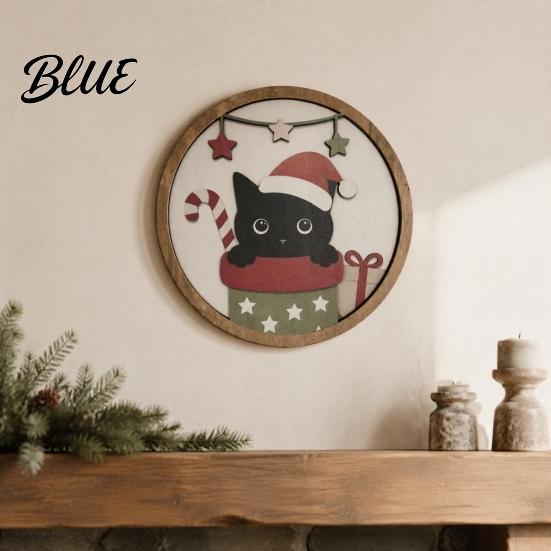 Holiday Wall Ornaments Christmas Black Cat Decor, Layered Wooden Hanging Sign, Round 2D Decorative Plaques Flat Art Decoration for Living Room Bedroom