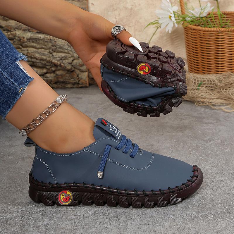 Real Soft Leather Single Shoes Comfortable Flat-soled Lace-up Mother Shoes Wide Fat Feet Cow Tendon Sole Soft Sole Soft Surface Middle-aged Large Size