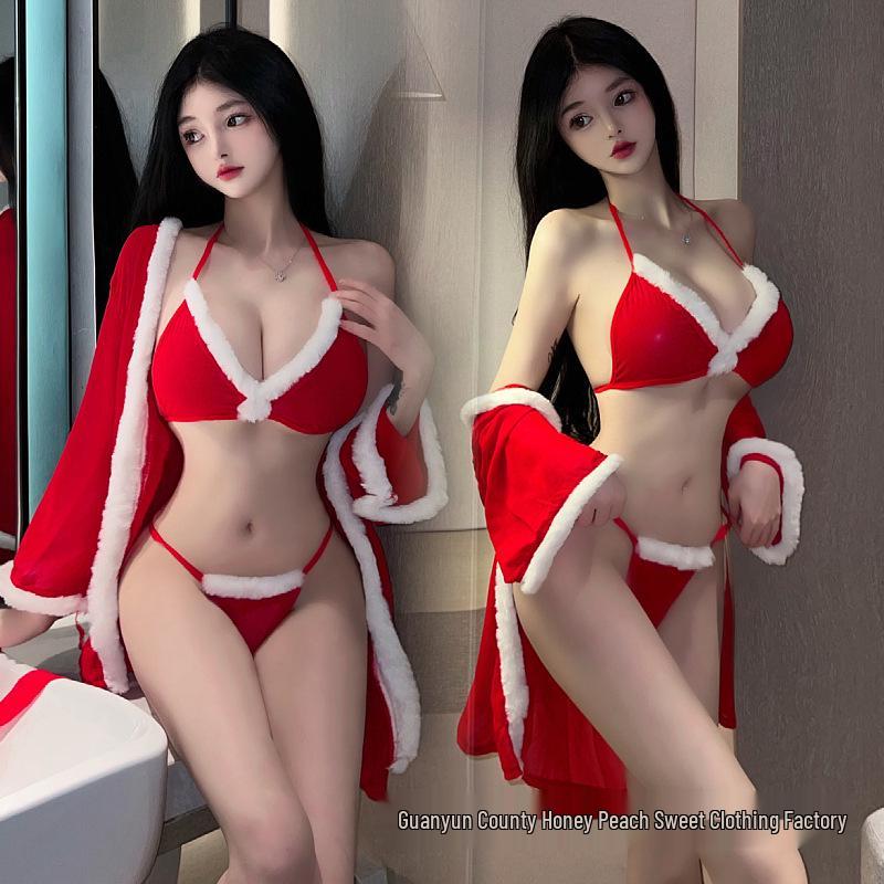 Sexy Red Christmas Lingerie Set: Three-Piece Nightgown, Robe & One-Piece