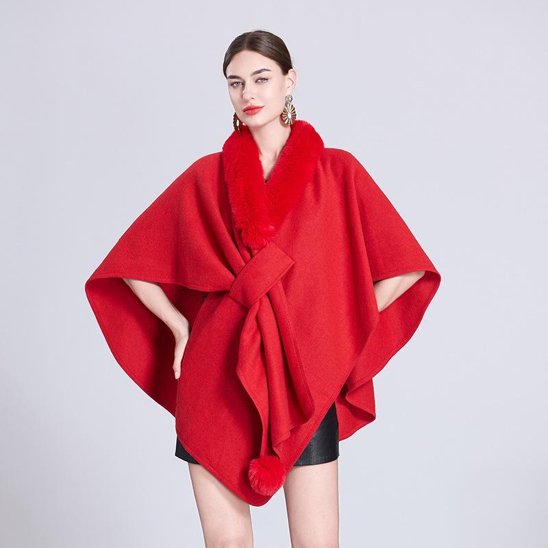 Autumn/Winter Knitted Scarf Shawl Cape with Fur Collar and Pom-Poms (Style 0962#)