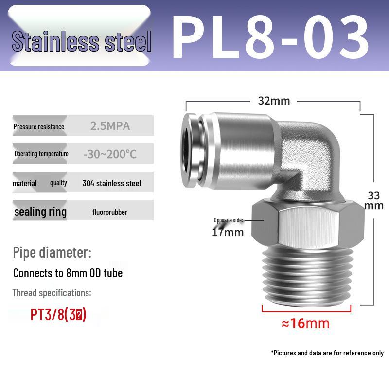 Zhuo Ji 304 Stainless Steel Pneumatic Quick Connect Fittings - PL8-02/4-M5/6-01/10-03 Thread
