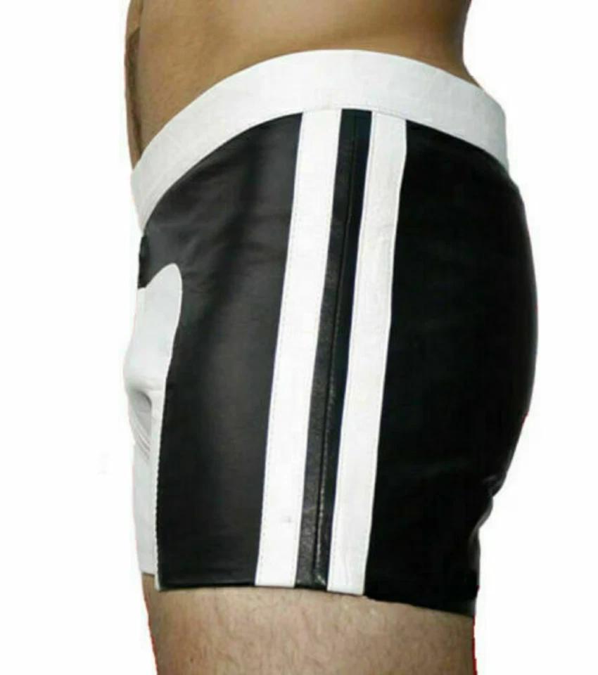 Genuine Lambskin Sports Black & White 100%Men Gym Short Leather Pants Boxer