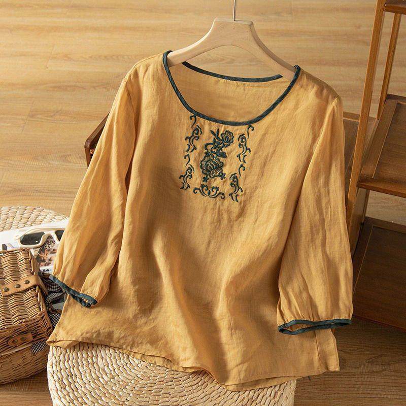 New Summer Cotton and Linen T-shirt for Women's Ethnic Style Casual and Versatile Embroidery Retro Top for Women's Tang Suit