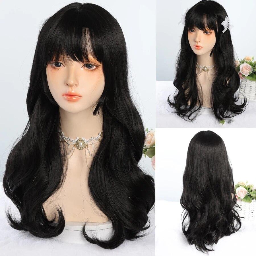 Synthetic Natural Black Wigs Long Wavy Wig for Women with Bangs Halloween Party Daily Heat Resistant Fibre Hair Wigs