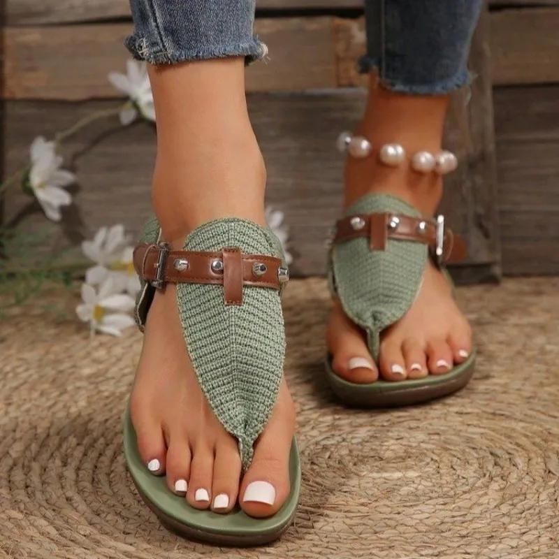 

Fashion 2025 New Shoes Female Pinch Toe Women s Sandals Fashion Rivet Beach Sandals Women Summer Plus Size Comfortable Flat Sandals 37