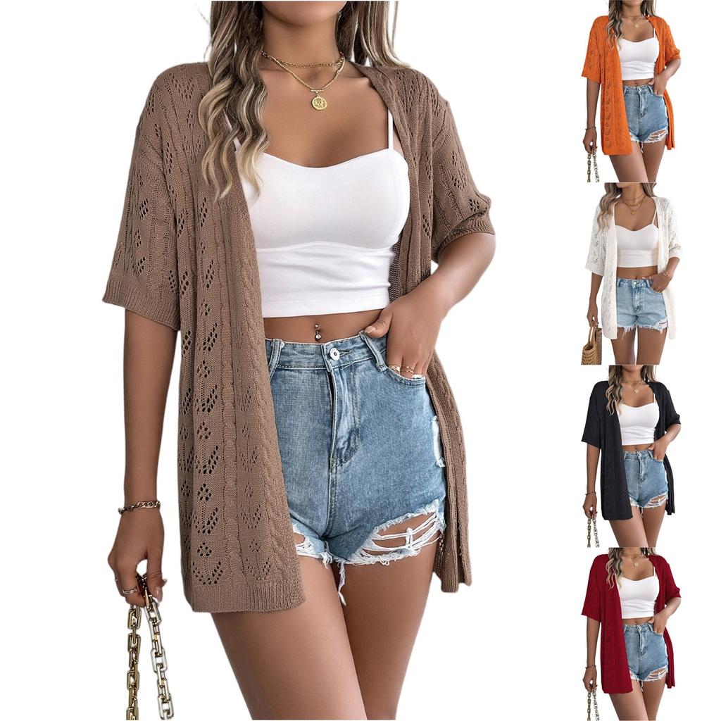 Women's Fashion Jacket Solid Color Short Sleeve Knitted Cardigan Holiday Sunscreen Shirt