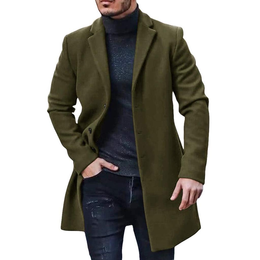 Trench Coat Men Wool Blend Coat Notched Collar Single Breasted Overcoat Business Casual Winter Jacket With Pockets