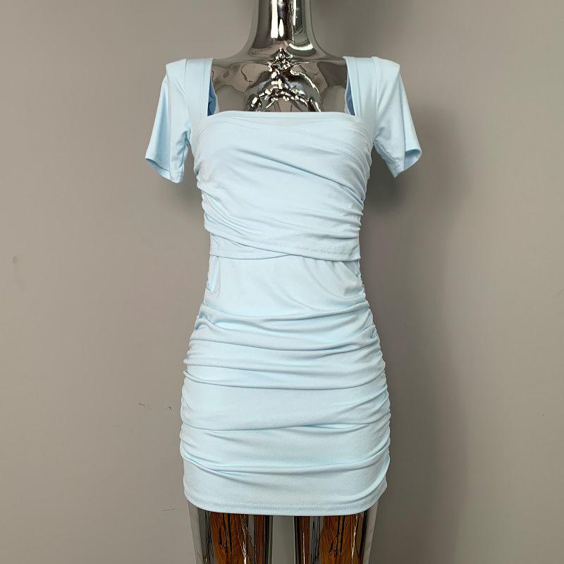 

Korean Slim-Fit Square Neck Ruched Bodycon Dress One Size небо синє кольору