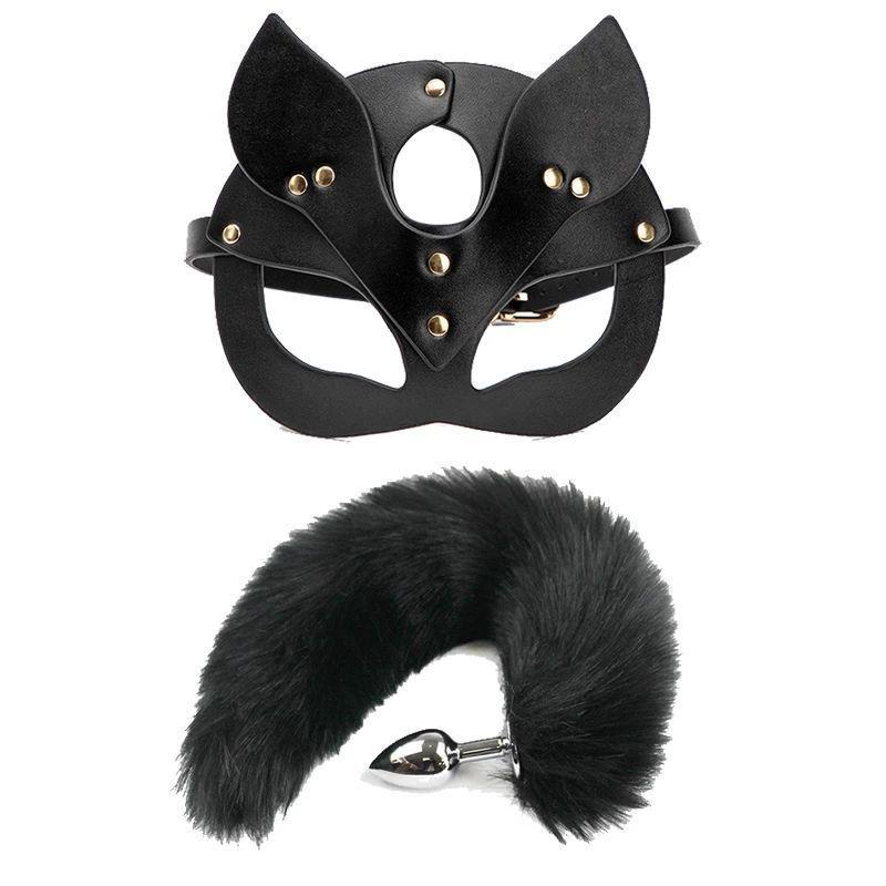 Erotic SM Role-Playing Mask & Metal Butt Plug Tail for Couples: Female Slave Training & Punishment