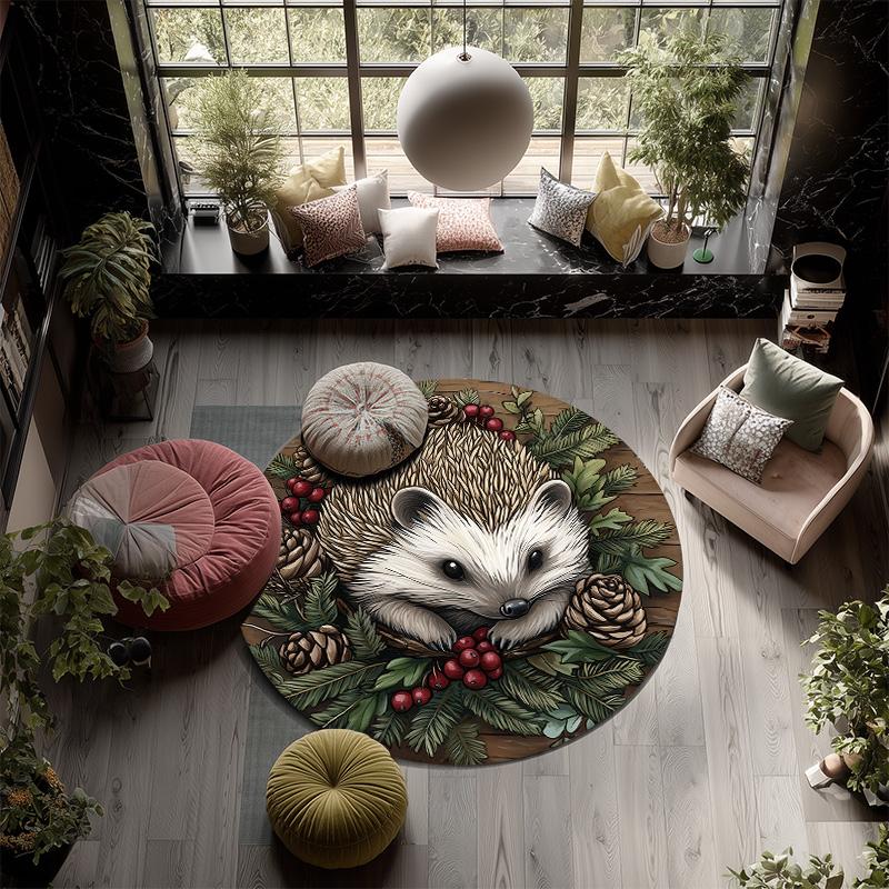Pinecone Animals,Round Area Rug,Carpet Rug for Living Room Bedroom Sofa Playroom Decor,Non-slip Floor Mat