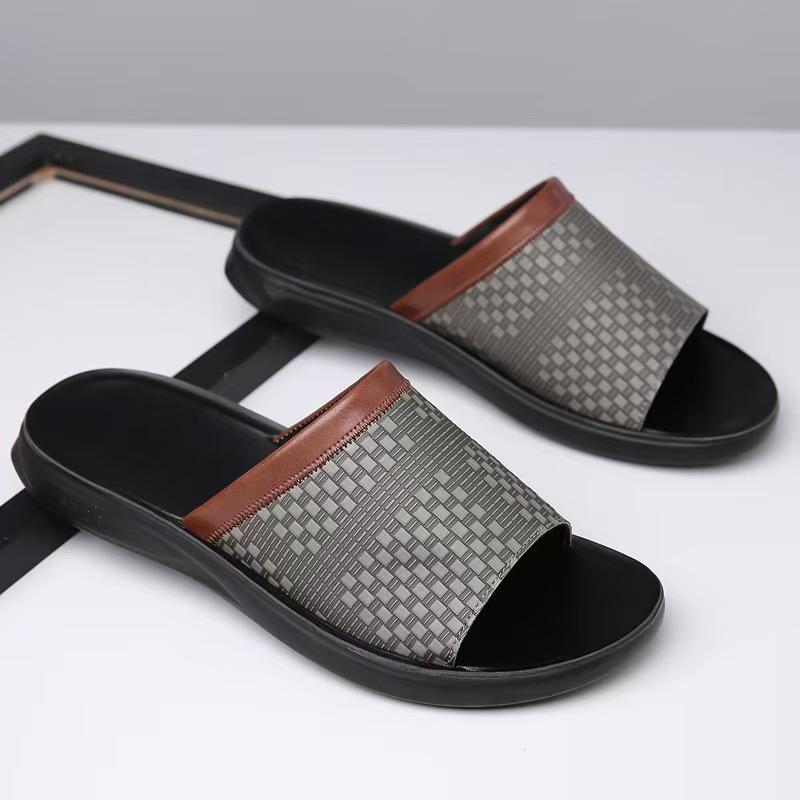 

Men Black Leather Slippers Flats Summer Brown Wide Head Sandals Outdoor White Beach Shoes Over Sized 46 47 48 EU:45 чёрный
