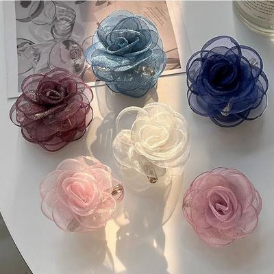 Cloth Simulation Flower Hair Claw Mesh Flower Claw Clip Cute Camellia Shark Clip  Party