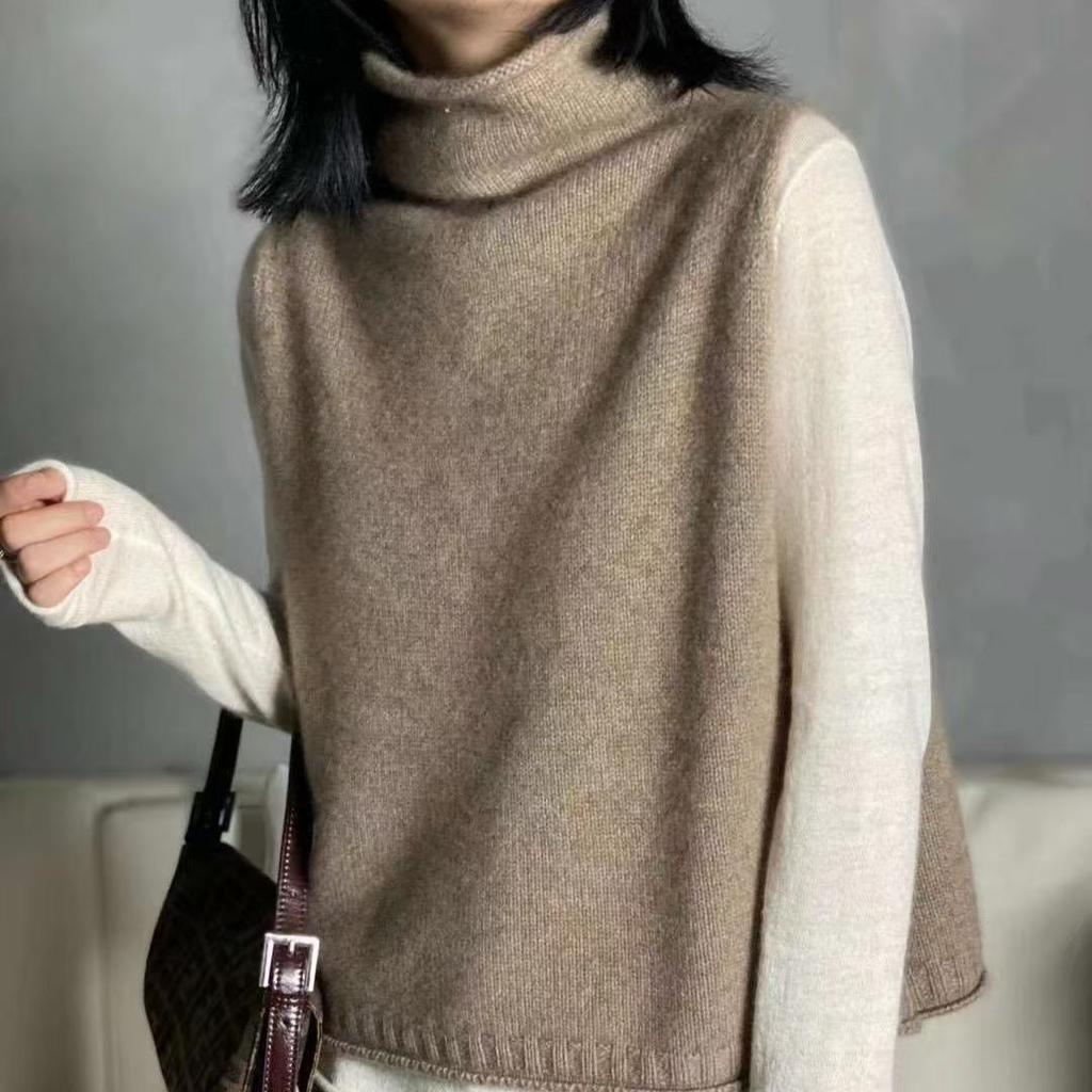 IHUASU Autumn and Winter Stacked Wool Waistcoat Waistcoat Knitted Shoulders Loose Jumper High Collar Thin Thick Large Size Women's Clothing