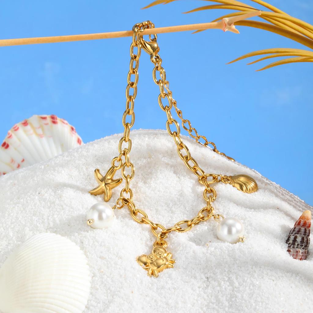 Multi-Pendant Shell Imitation Pearl Bracelet Stainless Steel Gold Color Dainty Exotic Charm Bracelet For Women Summer Jewelry
