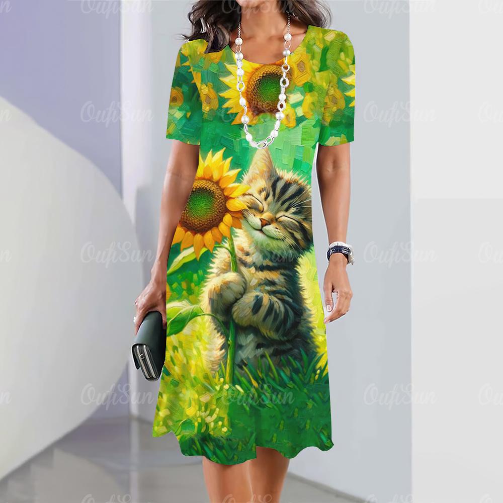 

Новые женские платья с принтом мультяшного кота, элегантное летнее платье для отпуска, женские платья с коротким рукавом, модная одежда больших размеров 8XL