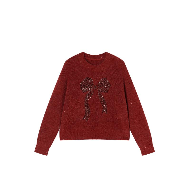 Xiangying Women s Red Sequin Bow Christmas Sweater L