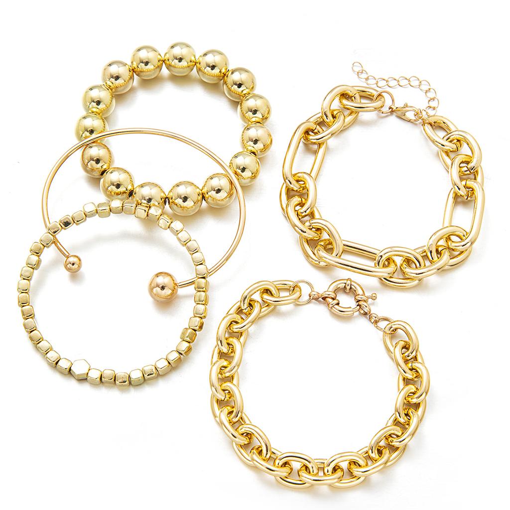 5-piece Punk Style CCB Round Beaded Bracelet Multi-Layer Stackable Chain Design Open Women's Wristlet