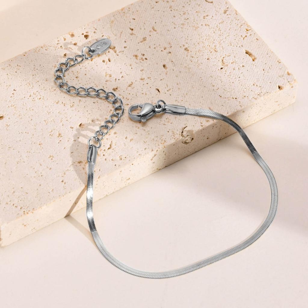 Anlaufgeschütztes Edelstahl Silberfarben Fischgräten Flaches Schlangenketten Armband für Damen Minimalistischer Schmuck