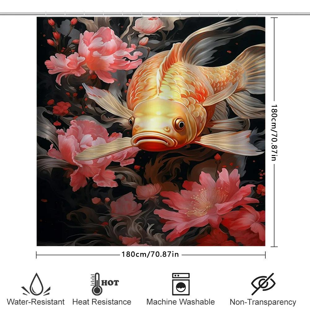 Luxury Golden Fish Peony Shower Curtain Extra Long Waterproof Bath Decor For Home Living Room Pink Floral Print Wall Hanging