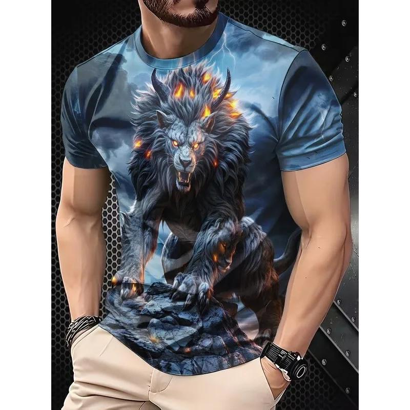 T-shirt da uomo alla moda con scollo rotondo, manica corta, stampa animale 3D a colori, manica corta con scollo rotondo