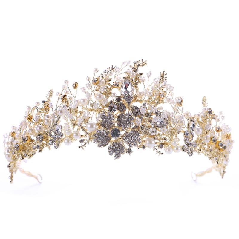 Trendy Handmade Wedding Crown Baroque Rhinestone Pearl Crystal Headband Wedding Hair Accessories Bridal Crown