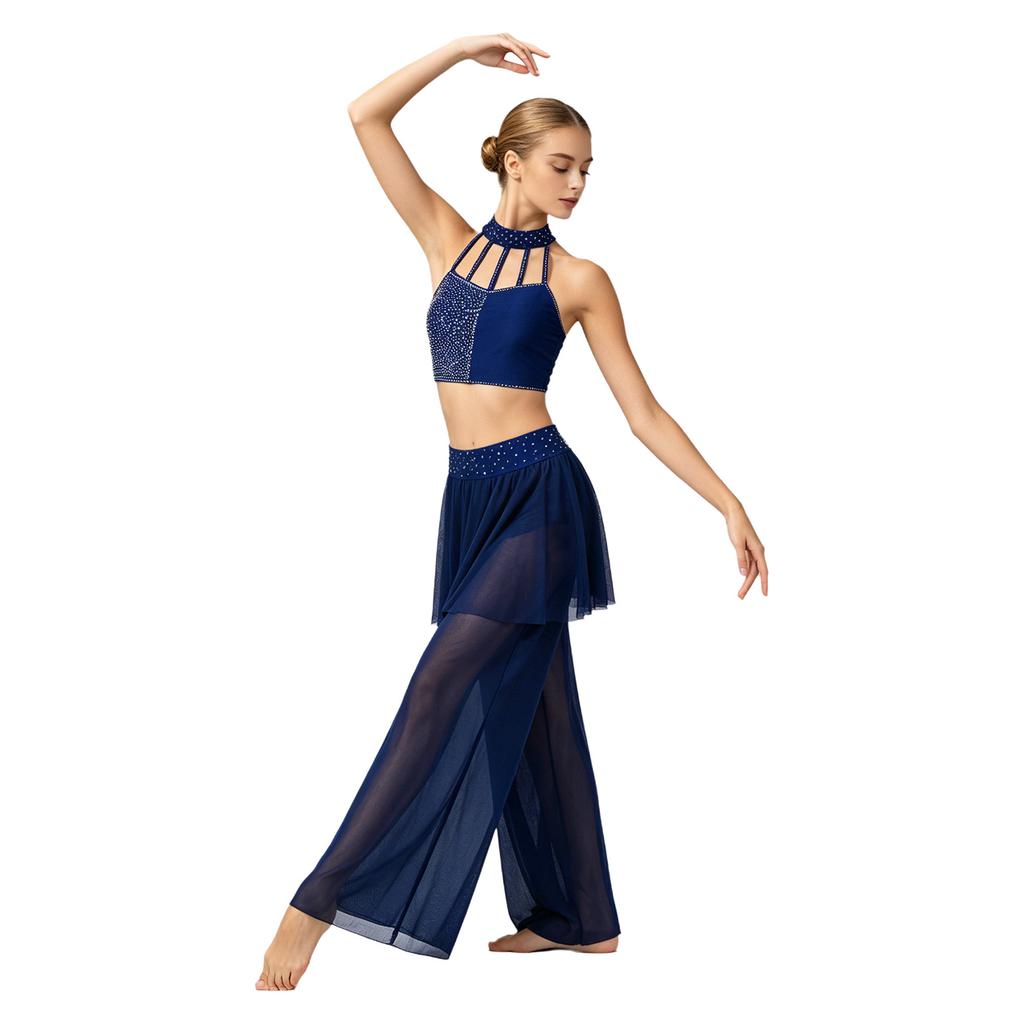 Dámský outfit pro lyrický tanec Crop top s kamínky a zavazováním za krk s průhlednými širokými kalhotami se sukněmi a všitými kalhotkami pro moderní tanec a jevištní vystoupení