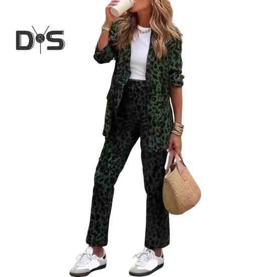 

2 шт./комплект женский формальный пиджак брюки комплект длинные рукава леопардовый принт лацкан кардиган средней длины пиджак прямые брюки с высокой талией формальный деловой XXL зелёный