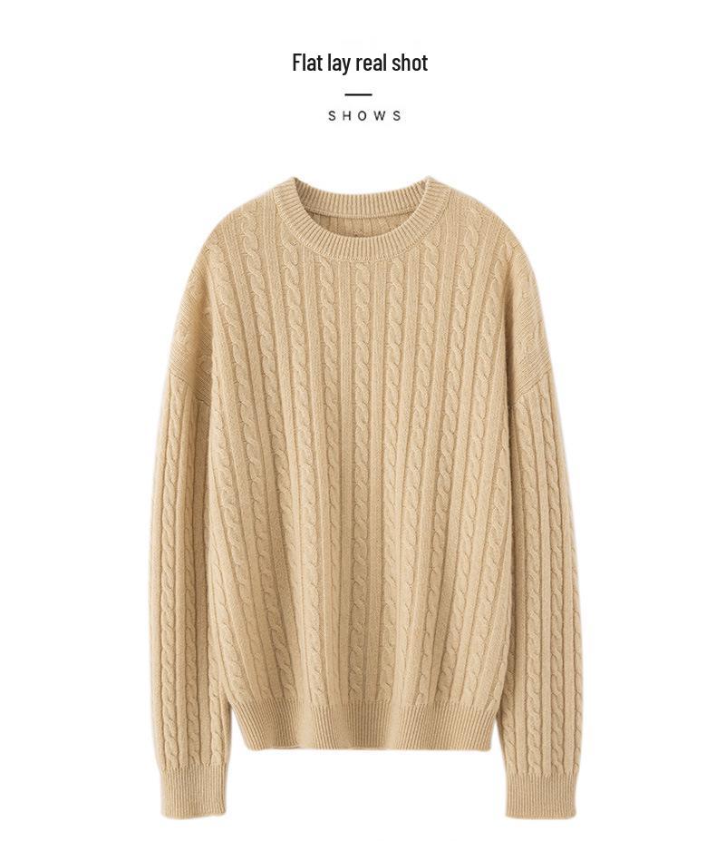 Women's Cashmere Cable Knit Sweater – Round Neck Pullover for Autumn/Winter, Simple and Versatile.