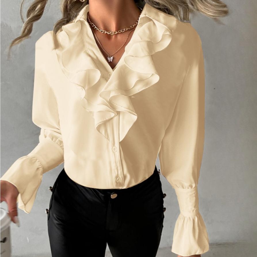 BITCED Women's Autumn Fashion Ruffle Long Sleeve V-Neck Solid Colour Ladies Shirt Blouse